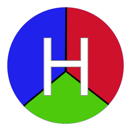a third red, a third blue and a third green circle with the letter H inside